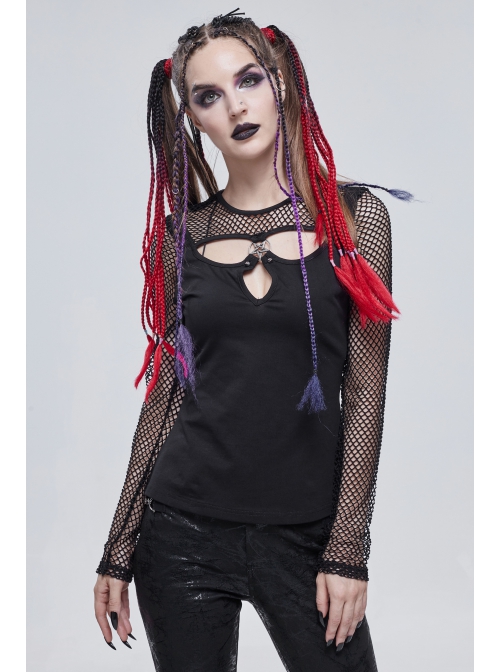 Knitted Cotton Stitching Mesh Yarn Deep V Basic Style Metal Pentagram Decoration Punk T-Shirt