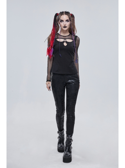 Knitted Cotton Stitching Mesh Yarn Deep V Basic Style Metal Pentagram Decoration Punk T-Shirt