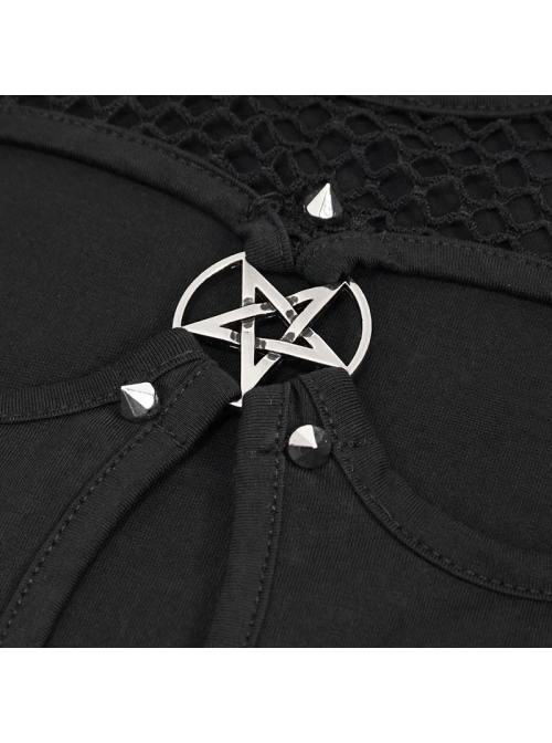Knitted Cotton Stitching Mesh Yarn Deep V Basic Style Metal Pentagram Decoration Punk T-Shirt