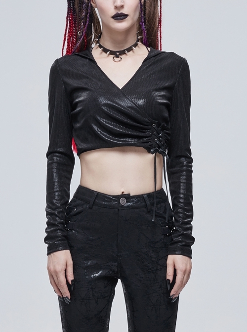 Black Shiny Vertical Grain Texture Tied Rope Decoration Design Hooded Punk Short T-Shirt