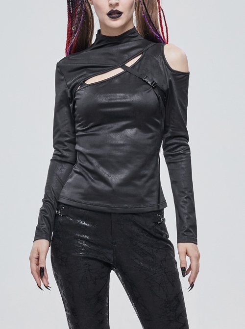 Punk Stretch Knitted Fabric Chest Cutout Design Buckle Strap Decoration Daily Life Long-Sleeved T-Shirt