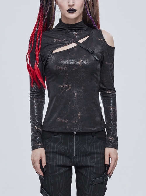 Punk Cracked Bronzer Stretch Knitted Fabric Chest Cutout Design Buckle Strap Decoration Daily Life Long-Sleeved T-Shirt