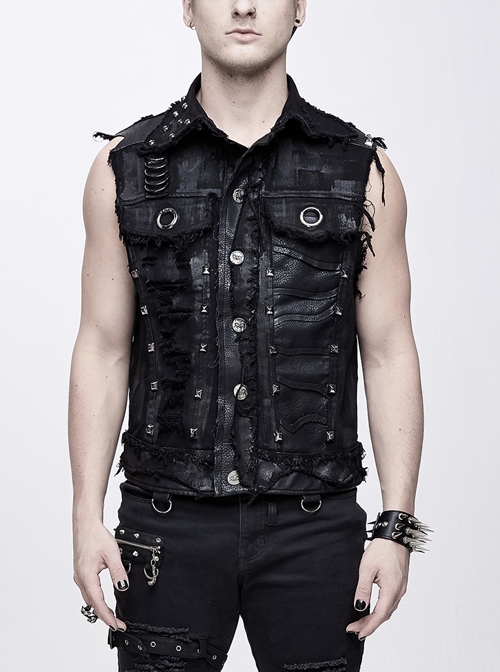 Gothic Denim Leather Worn Out Heavy Metal Printed Rivet Buttonhole Decoration Men Waistcoats