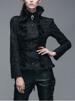 Gothic Black Stretch Ruffle Neck Design Pattern Buckle Ribbon Tied Rope Decoration Female Shirt