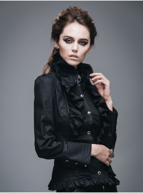Gothic Black Stretch Ruffle Neck Design Pattern Buckle Ribbon Tied Rope Decoration Female Shirt