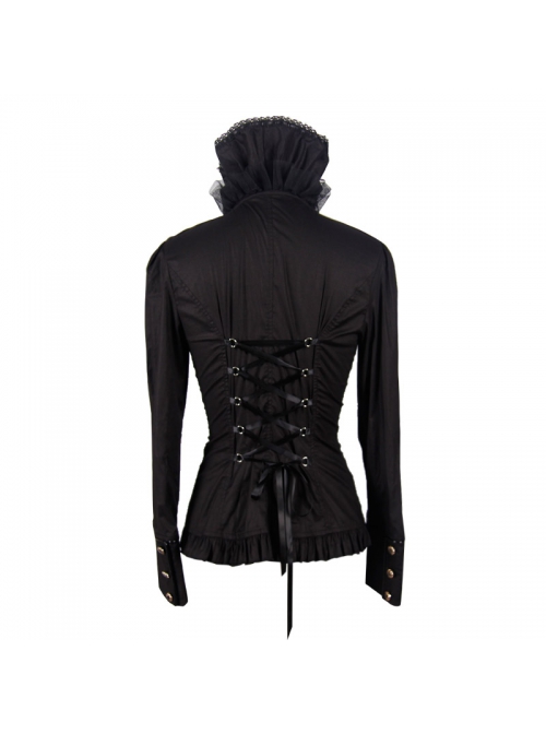 Gothic Black Stretch Ruffle Neck Design Pattern Buckle Ribbon Tied Rope Decoration Female Shirt