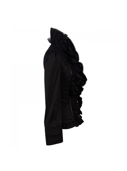 Gothic Black Stretch Ruffle Neck Design Pattern Buckle Ribbon Tied Rope Decoration Female Shirt