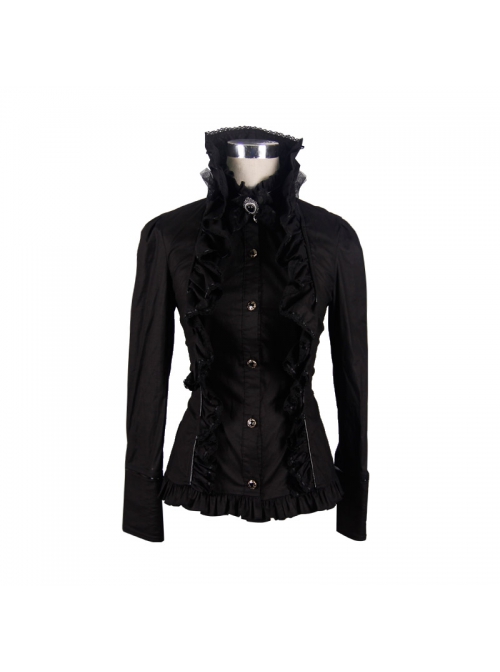 Gothic Black Stretch Ruffle Neck Design Pattern Buckle Ribbon Tied Rope Decoration Female Shirt