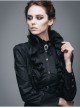 Gothic Black Stretch Ruffle Neck Design Pattern Buckle Ribbon Tied Rope Decoration Female Shirt