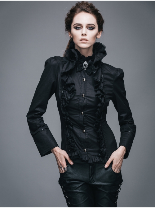 Gothic Black Stretch Ruffle Neck Design Pattern Buckle Ribbon Tied Rope Decoration Female Shirt