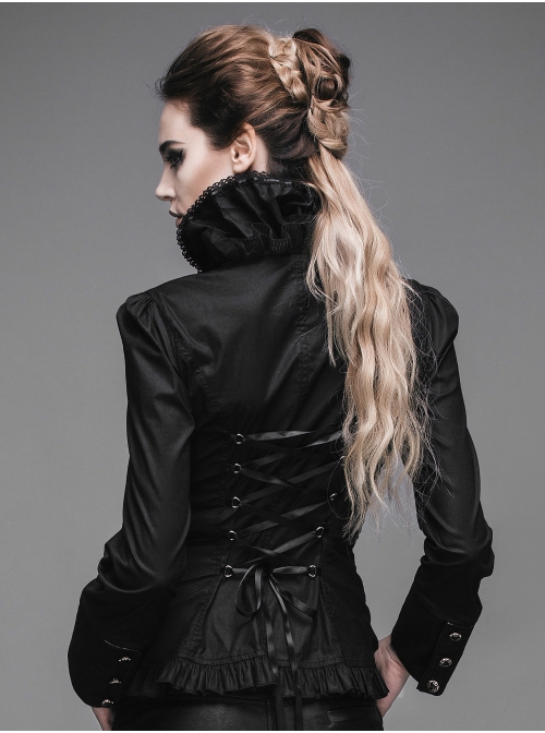 Gothic Black Stretch Ruffle Neck Design Pattern Buckle Ribbon Tied Rope Decoration Female Shirt