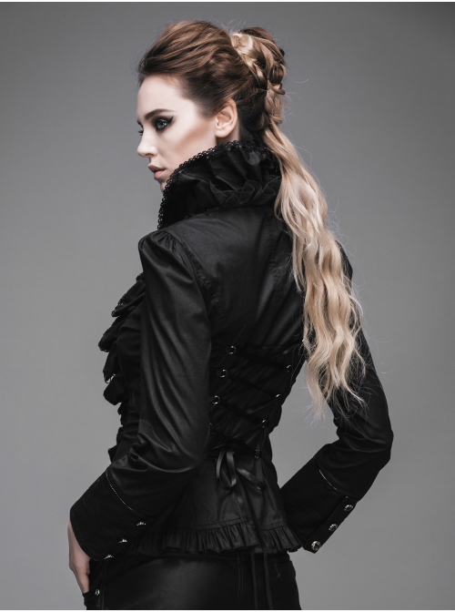 Gothic Black Stretch Ruffle Neck Design Pattern Buckle Ribbon Tied Rope Decoration Female Shirt