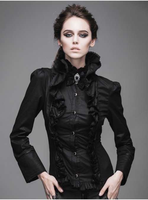 Gothic Black Stretch Ruffle Neck Design Pattern Buckle Ribbon Tied Rope Decoration Female Shirt