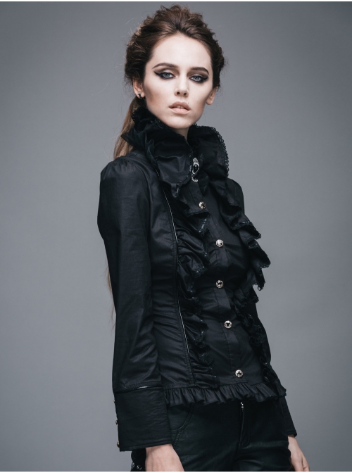 Gothic Black Stretch Ruffle Neck Design Pattern Buckle Ribbon Tied Rope Decoration Female Shirt