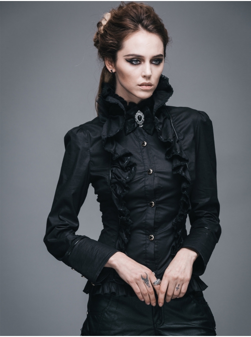 Gothic Black Stretch Ruffle Neck Design Pattern Buckle Ribbon Tied Rope Decoration Female Shirt