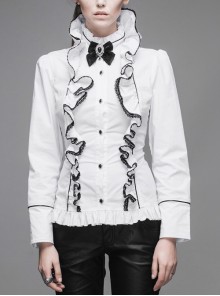 Gothic White Stretch Ruffle Neck Design Pattern Buckle Ribbon Tied Rope Decoration Female Shirt