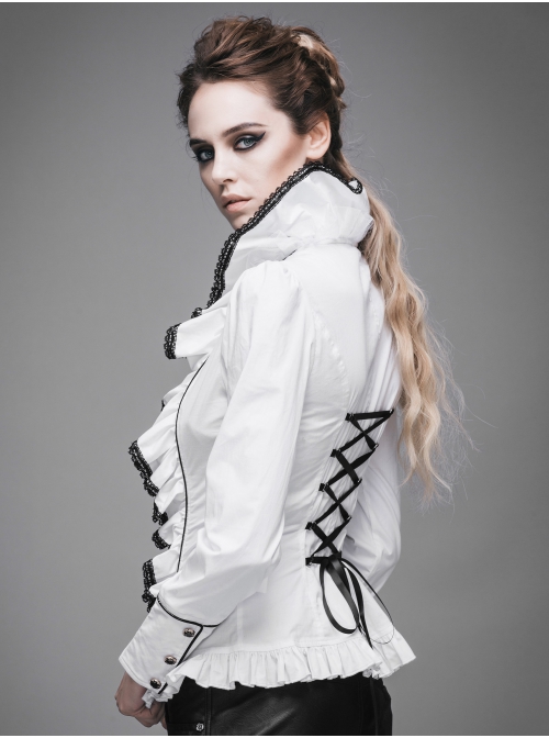 Gothic White Stretch Ruffle Neck Design Pattern Buckle Ribbon Tied Rope Decoration Female Shirt