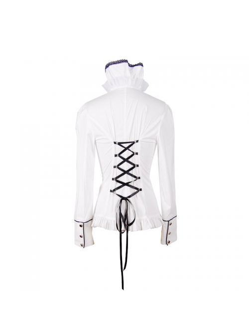 Gothic White Stretch Ruffle Neck Design Pattern Buckle Ribbon Tied Rope Decoration Female Shirt