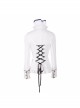 Gothic White Stretch Ruffle Neck Design Pattern Buckle Ribbon Tied Rope Decoration Female Shirt