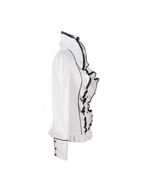 Gothic White Stretch Ruffle Neck Design Pattern Buckle Ribbon Tied Rope Decoration Female Shirt