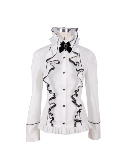 Gothic White Stretch Ruffle Neck Design Pattern Buckle Ribbon Tied Rope Decoration Female Shirt