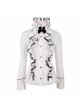 Gothic White Stretch Ruffle Neck Design Pattern Buckle Ribbon Tied Rope Decoration Female Shirt