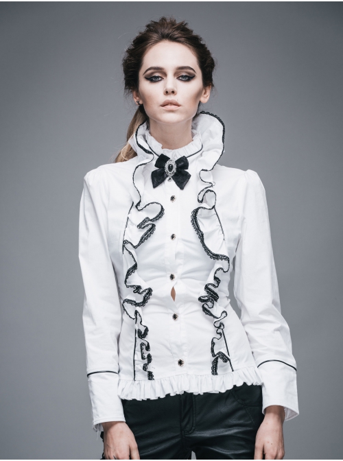 Gothic White Stretch Ruffle Neck Design Pattern Buckle Ribbon Tied Rope Decoration Female Shirt