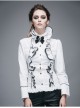 Gothic White Stretch Ruffle Neck Design Pattern Buckle Ribbon Tied Rope Decoration Female Shirt