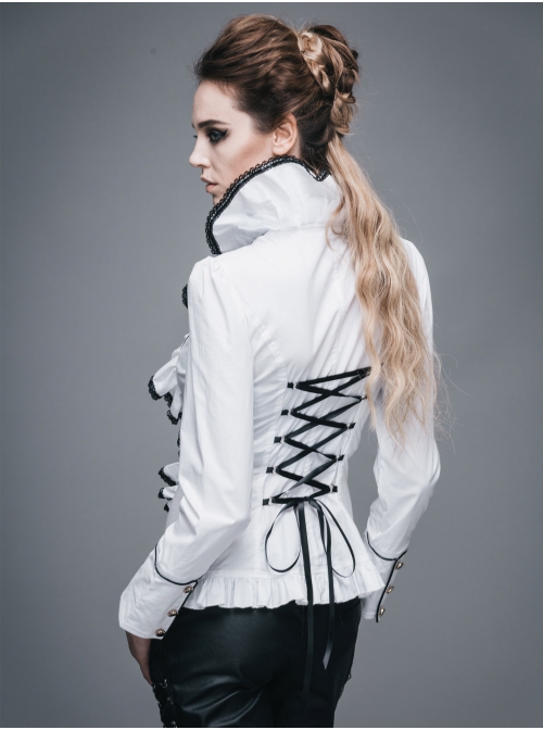 Gothic White Stretch Ruffle Neck Design Pattern Buckle Ribbon Tied Rope Decoration Female Shirt