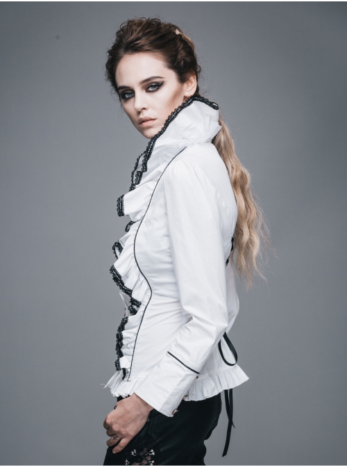 Gothic White Stretch Ruffle Neck Design Pattern Buckle Ribbon Tied Rope Decoration Female Shirt