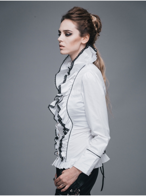 Gothic White Stretch Ruffle Neck Design Pattern Buckle Ribbon Tied Rope Decoration Female Shirt