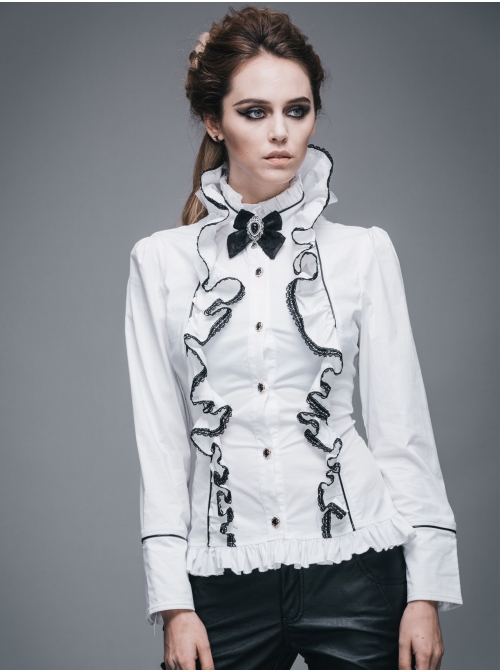 Gothic White Stretch Ruffle Neck Design Pattern Buckle Ribbon Tied Rope Decoration Female Shirt