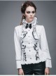 Gothic White Stretch Ruffle Neck Design Pattern Buckle Ribbon Tied Rope Decoration Female Shirt