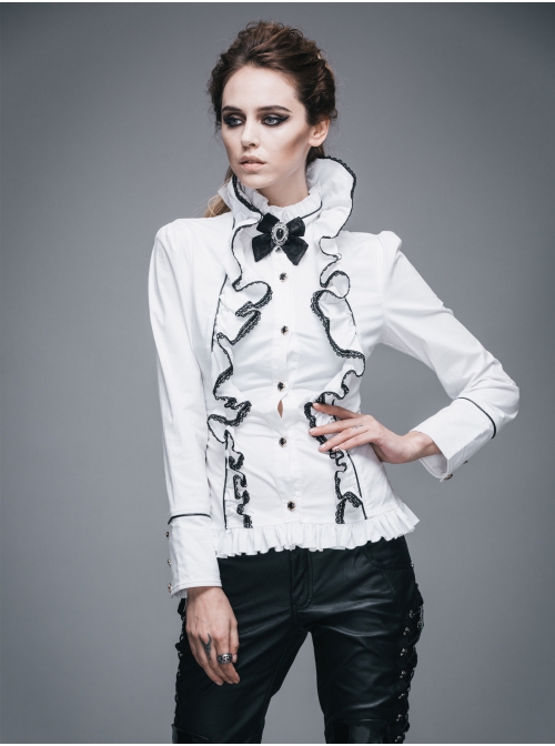 Gothic White Stretch Ruffle Neck Design Pattern Buckle Ribbon Tied Rope Decoration Female Shirt