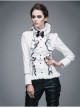 Gothic White Stretch Ruffle Neck Design Pattern Buckle Ribbon Tied Rope Decoration Female Shirt