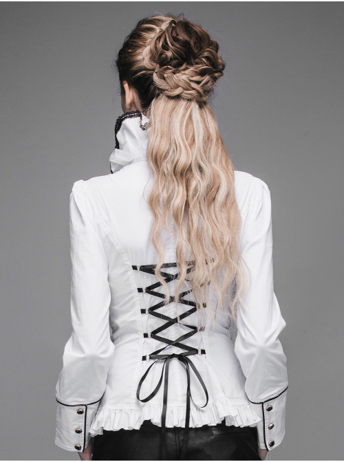 Gothic White Stretch Ruffle Neck Design Pattern Buckle Ribbon Tied Rope Decoration Female Shirt