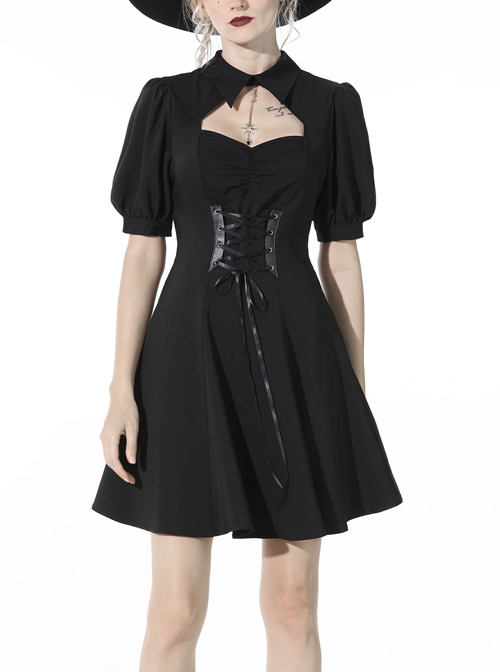 Black Chest Pleated Design Decorated With Metal Star Lace-Up Waist Lapel Dress