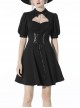 Black Chest Pleated Design Decorated With Metal Star Lace-Up Waist Lapel Dress