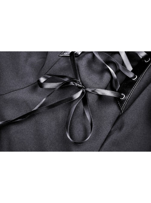 Black Chest Pleated Design Decorated With Metal Star Lace-Up Waist Lapel Dress