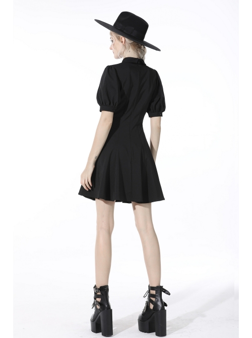 Black Chest Pleated Design Decorated With Metal Star Lace-Up Waist Lapel Dress