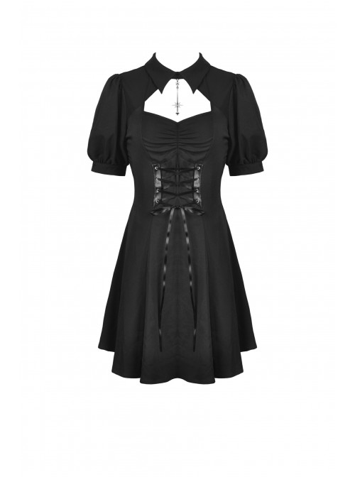 Black Chest Pleated Design Decorated With Metal Star Lace-Up Waist Lapel Dress