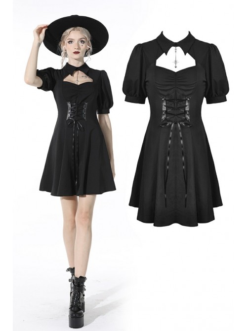 Black Chest Pleated Design Decorated With Metal Star Lace-Up Waist Lapel Dress