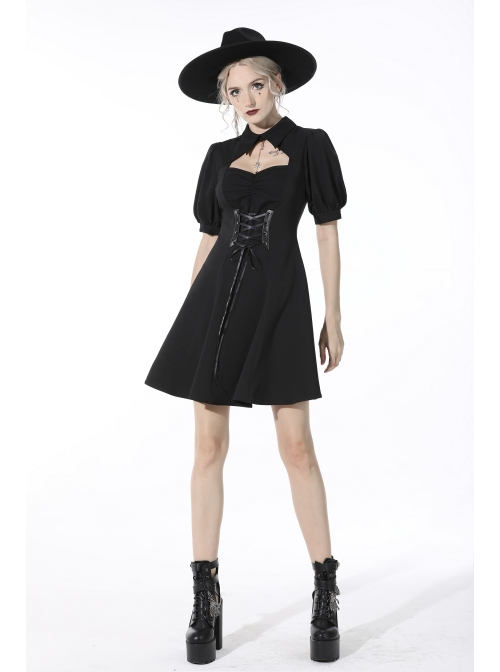 Black Chest Pleated Design Decorated With Metal Star Lace-Up Waist Lapel Dress