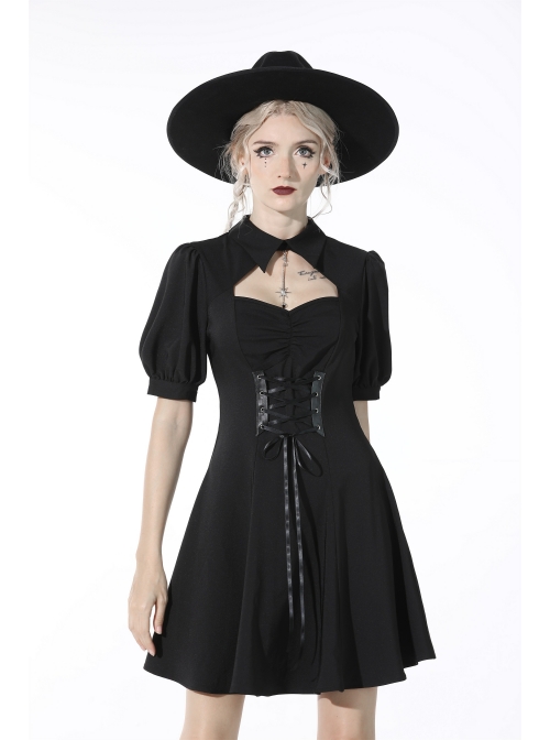 Black Chest Pleated Design Decorated With Metal Star Lace-Up Waist Lapel Dress