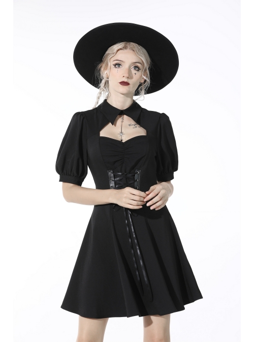 Black Chest Pleated Design Decorated With Metal Star Lace-Up Waist Lapel Dress