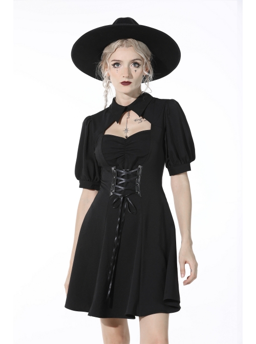 Black Chest Pleated Design Decorated With Metal Star Lace-Up Waist Lapel Dress