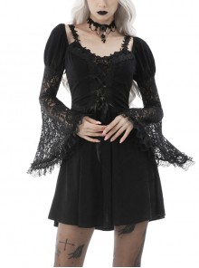 Gothic Fake Two Pieces Sexy Lace Embroidery Wide Mouth Flared Sleeve Design Inside Join Dress