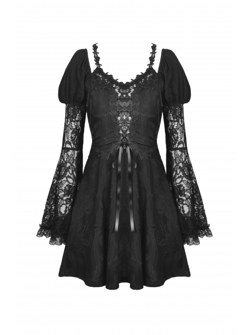 Gothic Fake Two Pieces Sexy Lace Embroidery Wide Mouth Flared Sleeve Design Inside Join Dress