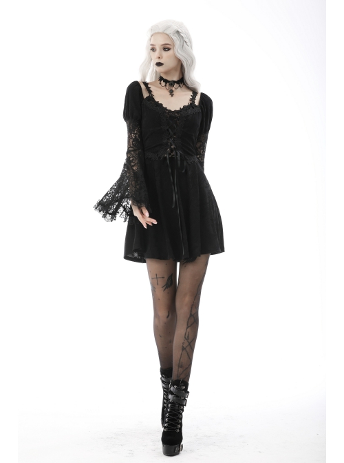 Gothic Fake Two Pieces Sexy Lace Embroidery Wide Mouth Flared Sleeve Design Inside Join Dress