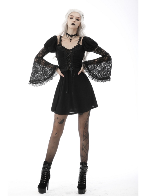 Gothic Fake Two Pieces Sexy Lace Embroidery Wide Mouth Flared Sleeve Design Inside Join Dress